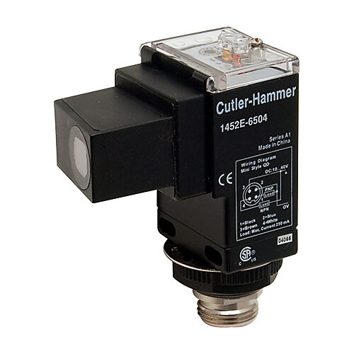1452E-6504 - Eaton photoelectric sensor, rectangular, polarized retroreflective, visible red, 45in sensing distance, selectable light-on/dark-on, SPDT EM relay, potentiometer, 5-wire, 5-pin mini 7/8in - 16UNF thread.