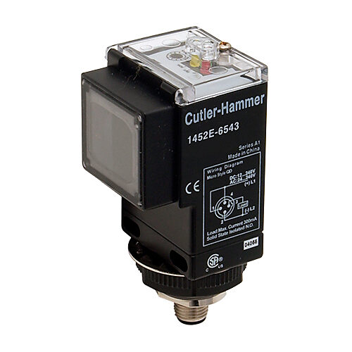 1452E-6543 - Eaton photoelectric sensor, rectangular, polarized retroreflective, visible red, 45in sensing distance, selectable light-on/dark-on, solid state relay, potentiometer, 4-wire, 4-pin AC micro 1/2in - 20UNF thread.