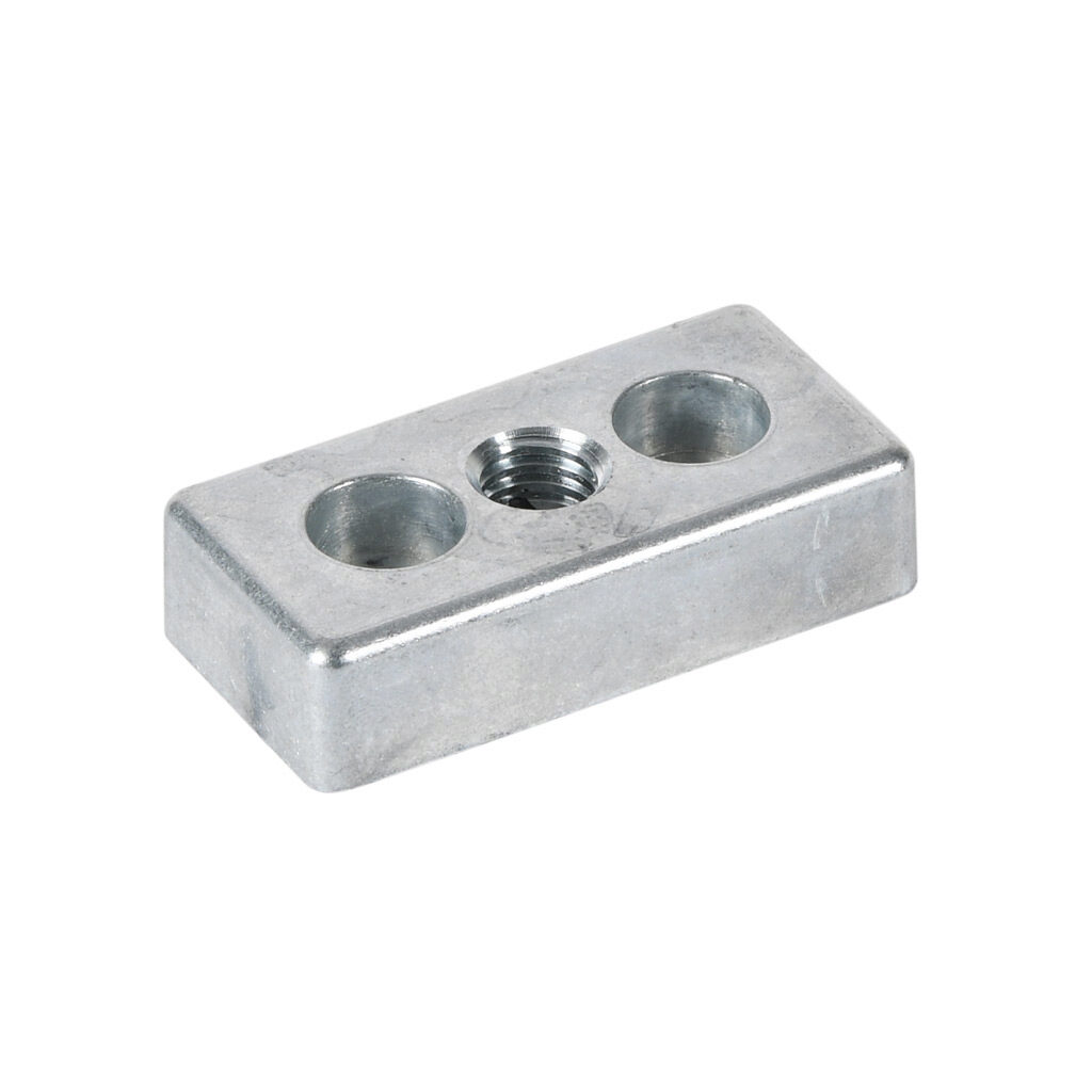 146399 - FATH transport/base plate, silver, 1 x 2in, 3/8-16 UNC, die-cast zinc, slot size 6. For use with 1 x 2in profile T-slotted rails. Mounting hardware included. Manufacturer part number: 093T25503/806RS01.
