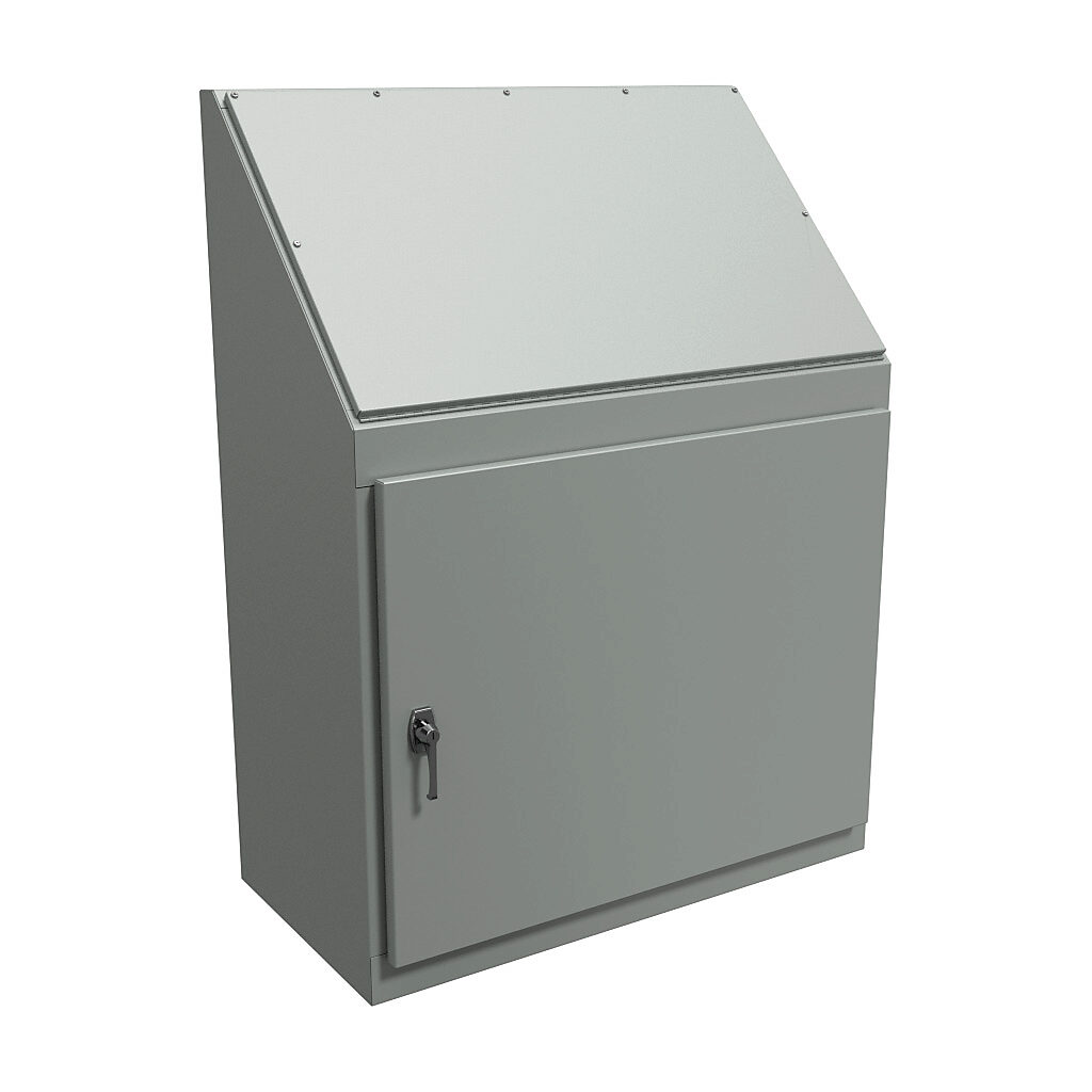 1471C36 - Hammond operator console, NEMA 12, 48 x 36 x 18in (HxWxD), freestanding, carbon steel, ANSI 61 gray, powder coat finish, single-door, 3-point keylocking handle.