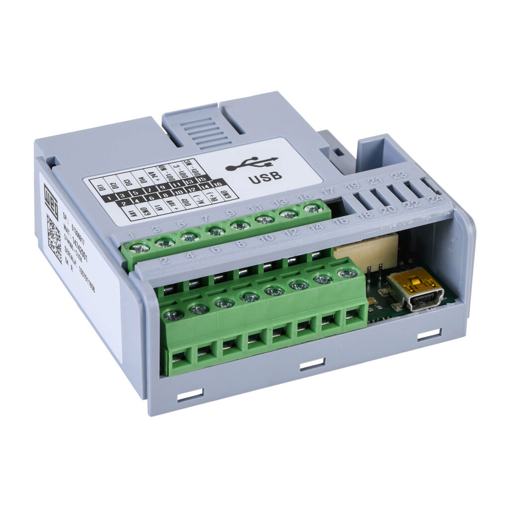 14742001 - WEG Electric CFW500 series communication module, Modbus RTU and BACnet, 2 ports, (1) RS-485 (3-pin terminal) and (1) miniB-USB port(s). For use with WEG CFW500 series AC drives.