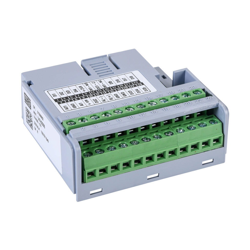 14742006 - WEG Electric CFW500 series relay/analog combo module, Analog Input: 1-channel, current/voltage, Analog Output: 1-channel, current/voltage, Discrete Input: 8-point, sourcing, Discrete Output: 5-point, relay, (1) Form C (SPDT) relay.