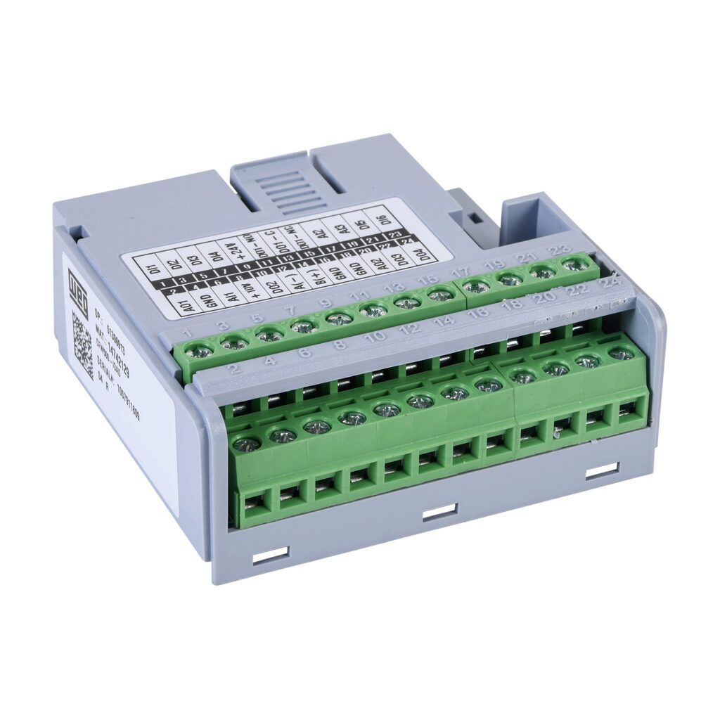 14742129 - WEG Electric CFW500 series relay/analog combo module, Analog Input: 3-channel, current/voltage, Analog Output: 2-channel, current/voltage, Discrete Input: 6-point, sourcing, Discrete Output: 4-point, relay, (1) Form C (SPDT) relay.