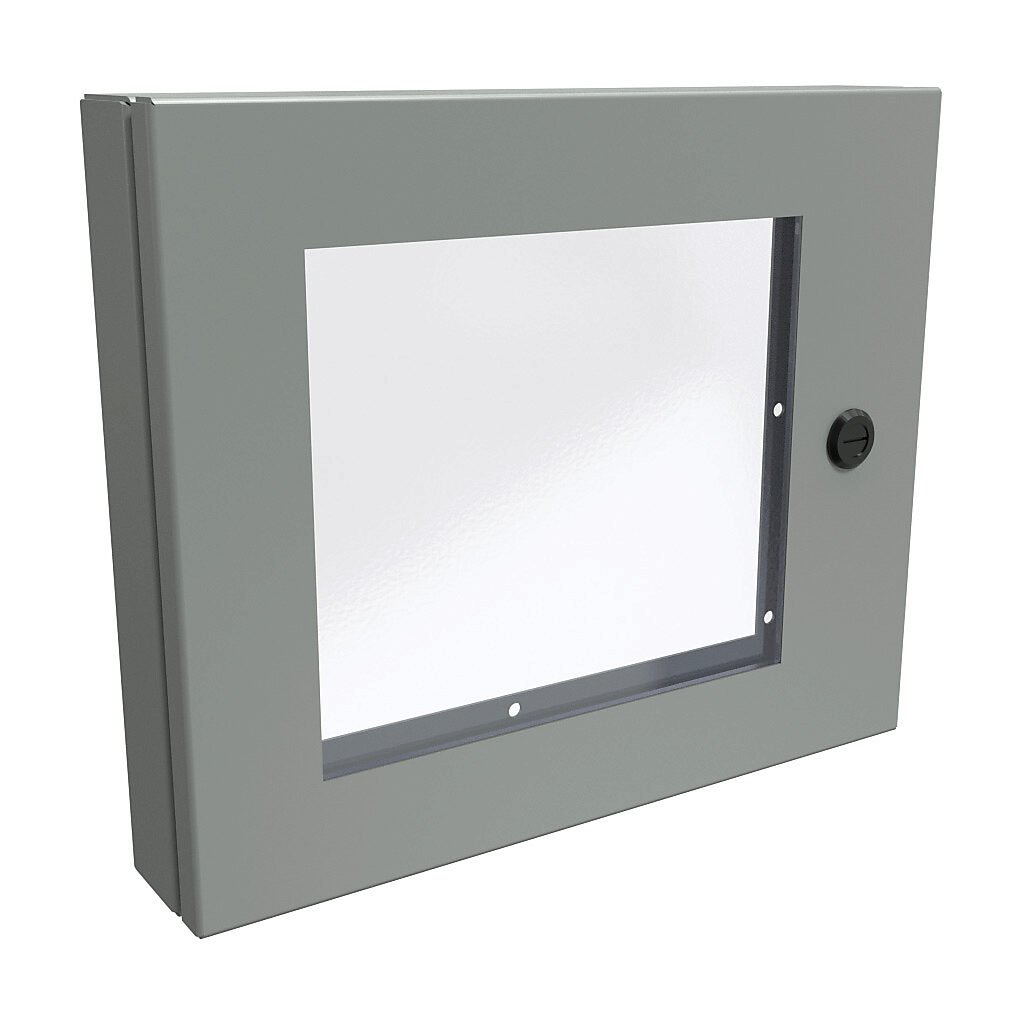 1481WDH1418 - Hammond universal deep-hinged door, NEMA 4/12, 12.19 x 14.56 x 2.75in, carbon steel, ANSI 61 gray, concealed hinges, polycarbonate window. For use with wall-mount enclosures.