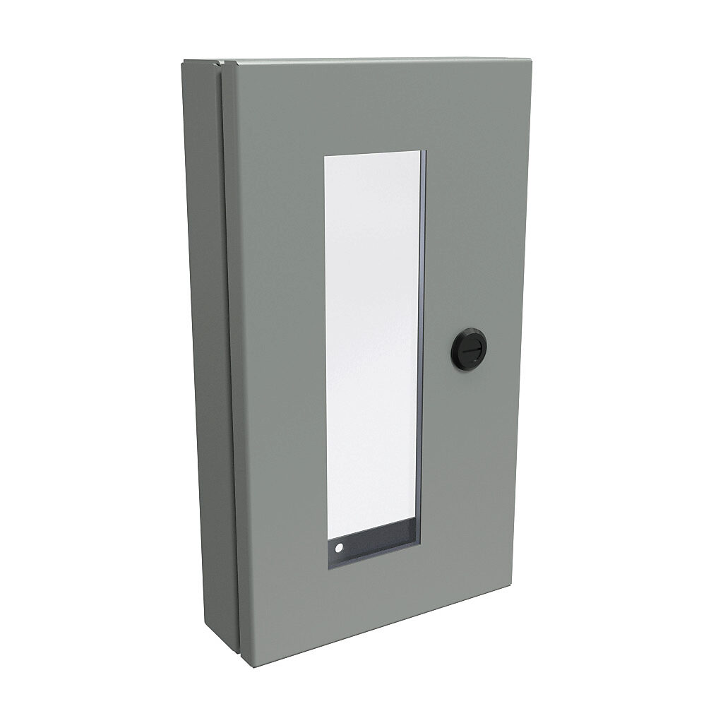 1481WDH1612 - Hammond universal deep-hinged door, NEMA 4/12, 14.19 x 8.14 x 2.75in, carbon steel, ANSI 61 gray, concealed hinges, polycarbonate window. For use with wall-mount enclosures.
