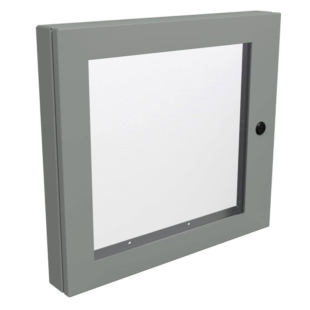 1481WDH2024 - Hammond universal deep-hinged door, NEMA 4/12, 18.19 x 20.14 x 2.75in, carbon steel, ANSI 61 gray, concealed hinges, polycarbonate window. For use with wall-mount enclosures.
