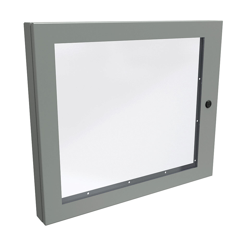 1481WDH2430 - Hammond universal deep-hinged door, NEMA 4/12, 22.19 x 26.14 x 2.75in, carbon steel, ANSI 61 gray, concealed hinges, polycarbonate window. For use with wall-mount enclosures.