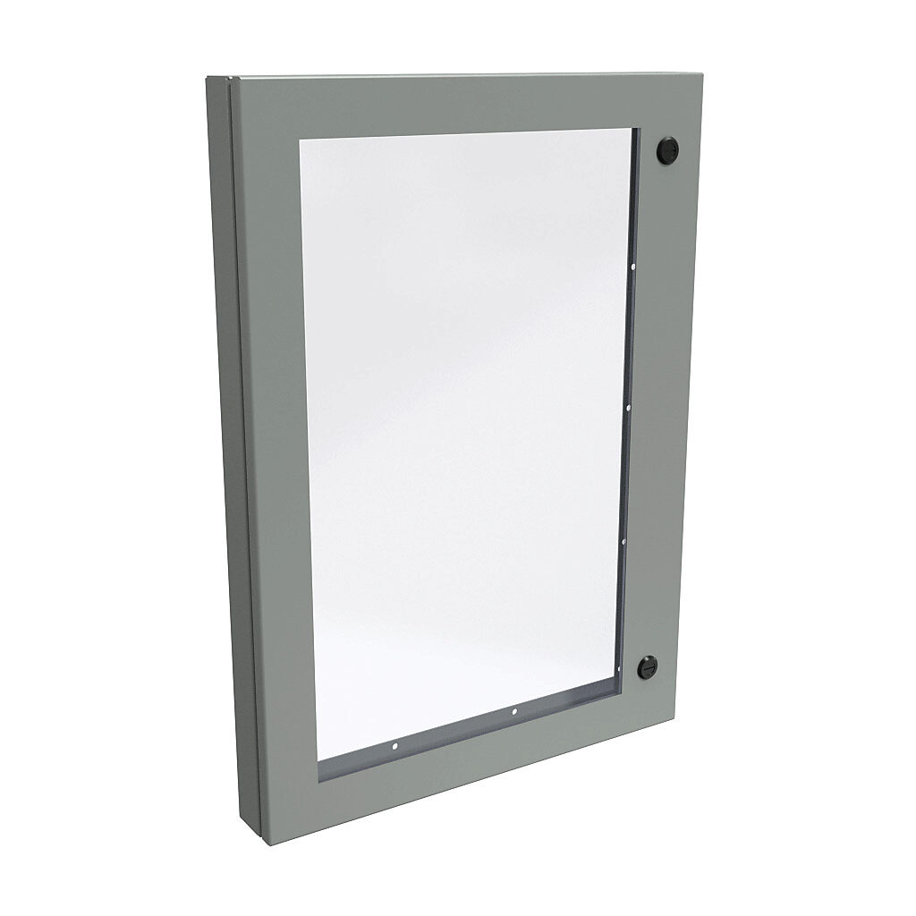 1481WDH3024 - Hammond universal deep-hinged door, NEMA 4/12, 28.19 x 20.14 x 2.75in, carbon steel, ANSI 61 gray, concealed hinges, polycarbonate window. For use with wall-mount enclosures.