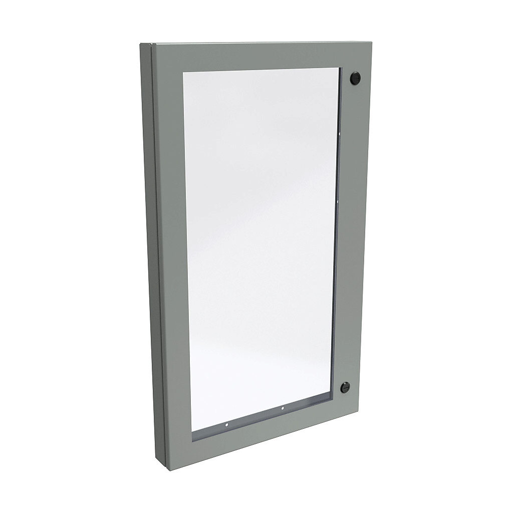 1481WDH3624 - Hammond universal deep-hinged door, NEMA 4/12, 34.19 x 20.14 x 2.75in, carbon steel, ANSI 61 gray, concealed hinges, polycarbonate window. For use with wall-mount enclosures.