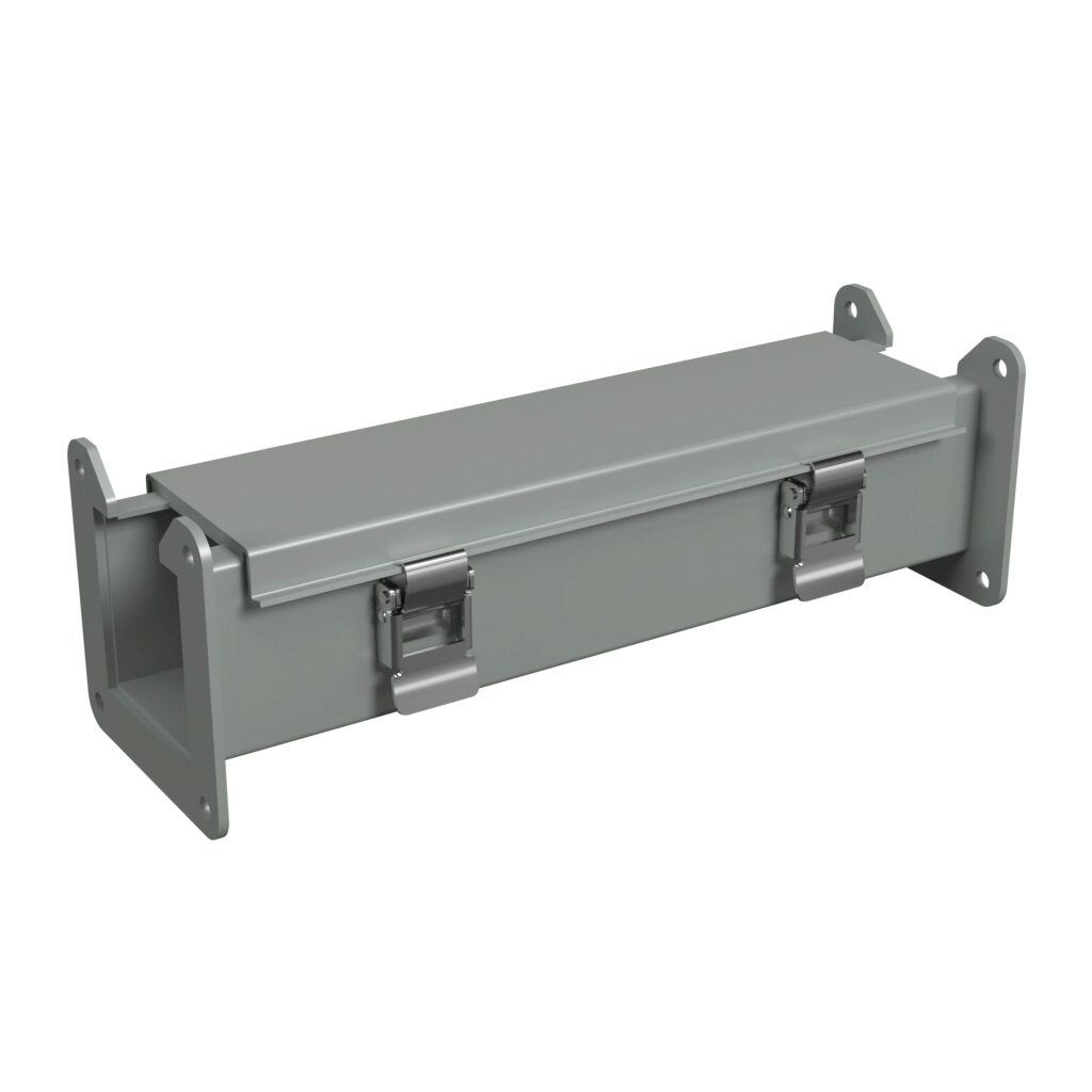 1485B12 - Hammond 1485 series lay-in wireway, 2.5 x 2.5 x 12in, carbon steel, ANSI 61 gray, powder coat finish, hinged cover, quick-release clamps, NEMA 12.