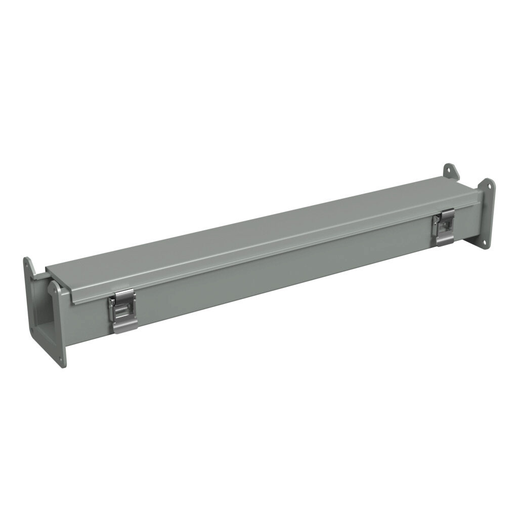 1485B24 - Hammond 1485 series lay-in wireway, 2.5 x 2.5 x 24in, carbon steel, ANSI 61 gray, powder coat finish, hinged cover, quick-release clamps, NEMA 12.
