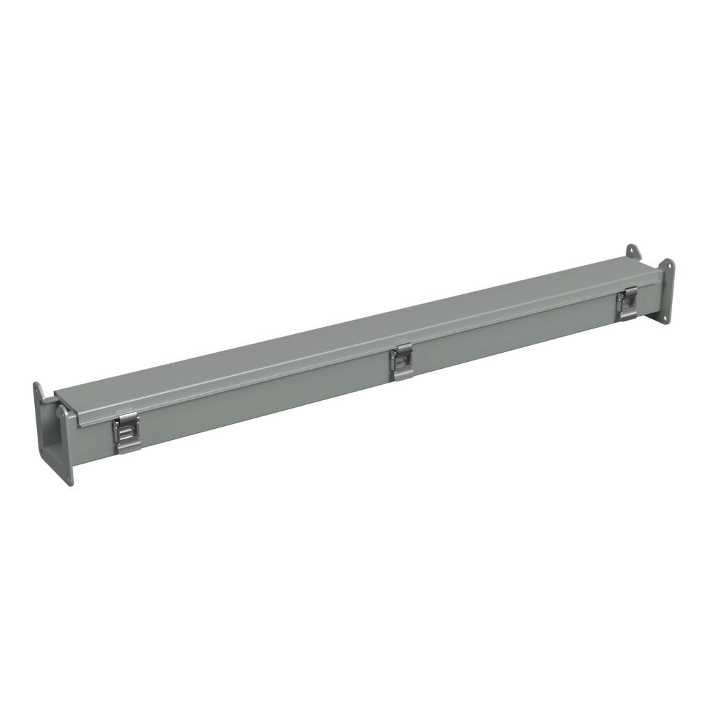 1485B36 - Hammond 1485 series lay-in wireway, 2.5 x 2.5 x 36in, carbon steel, ANSI 61 gray, powder coat finish, hinged cover, quick-release clamps, NEMA 12.