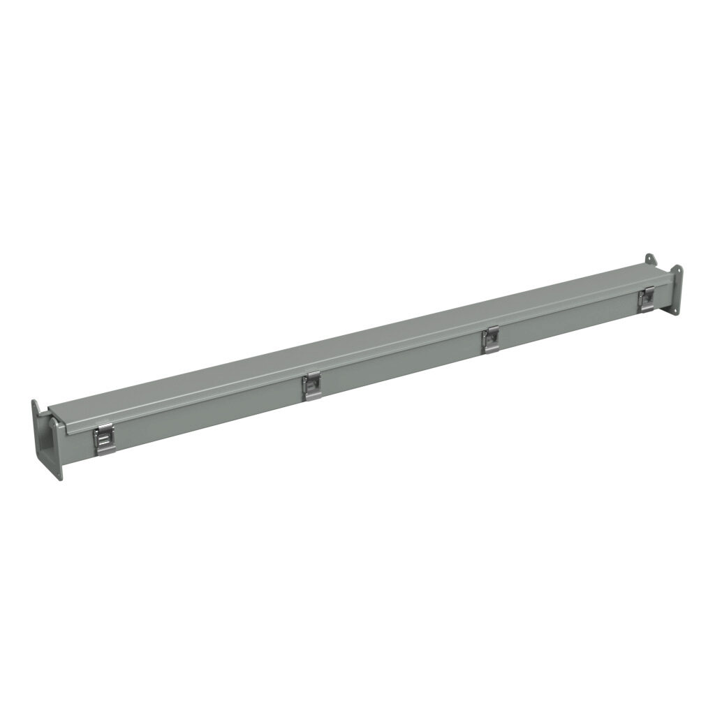 1485B48 - Hammond 1485 series lay-in wireway, 2.5 x 2.5 x 48in, carbon steel, ANSI 61 gray, powder coat finish, hinged cover, quick-release clamps, NEMA 12.