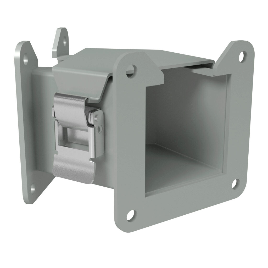 1485B4N - Hammond 1485 series lay-in wireway fitting, 45-degree elbow, 2.5 x 2.5in, top opening, carbon steel, ANSI 61 gray, powder coat finish, quick-release clamps, NEMA 12. For use with 1485 series wireway.