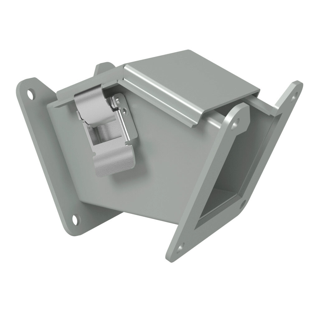 1485B4Q - Hammond 1485 series lay-in wireway fitting, 45-degree elbow, 2.5 x 2.5in, outside opening, carbon steel, ANSI 61 gray, powder coat finish, quick-release clamps, NEMA 12. For use with 1485 series wireway.