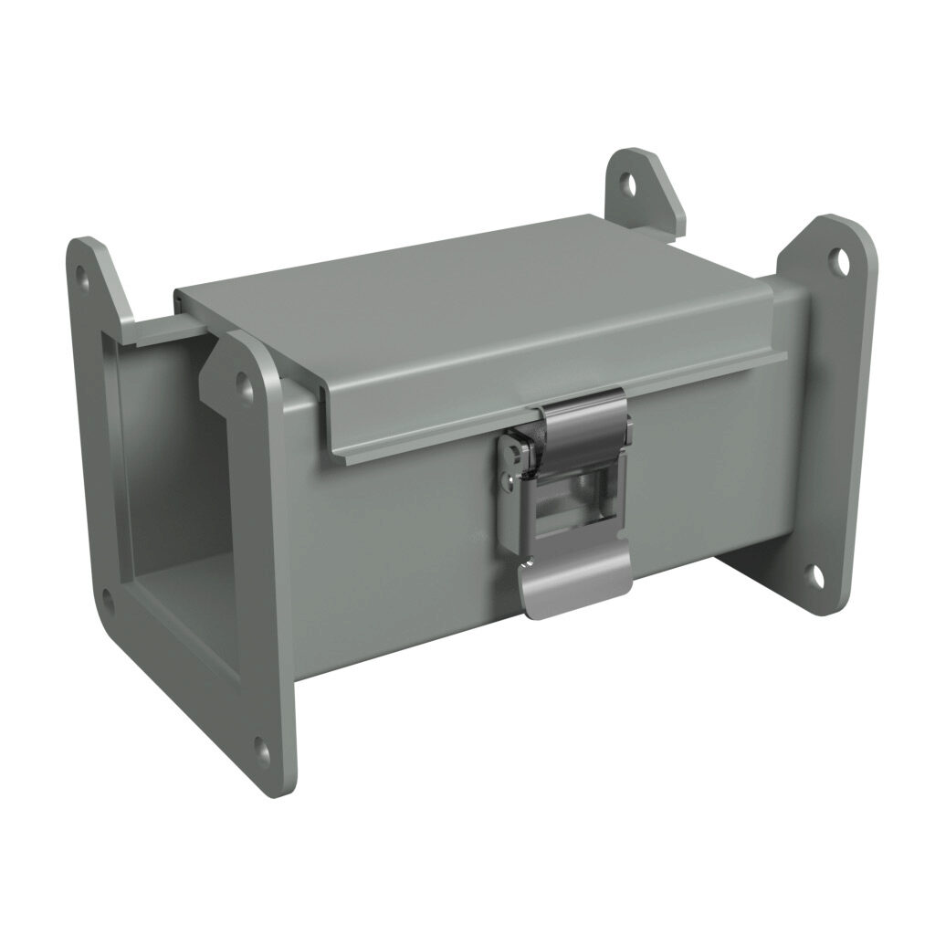 1485B6 - Hammond 1485 series lay-in wireway, 2.5 x 2.5 x 6in, carbon steel, ANSI 61 gray, powder coat finish, hinged cover, quick-release clamps, NEMA 12.