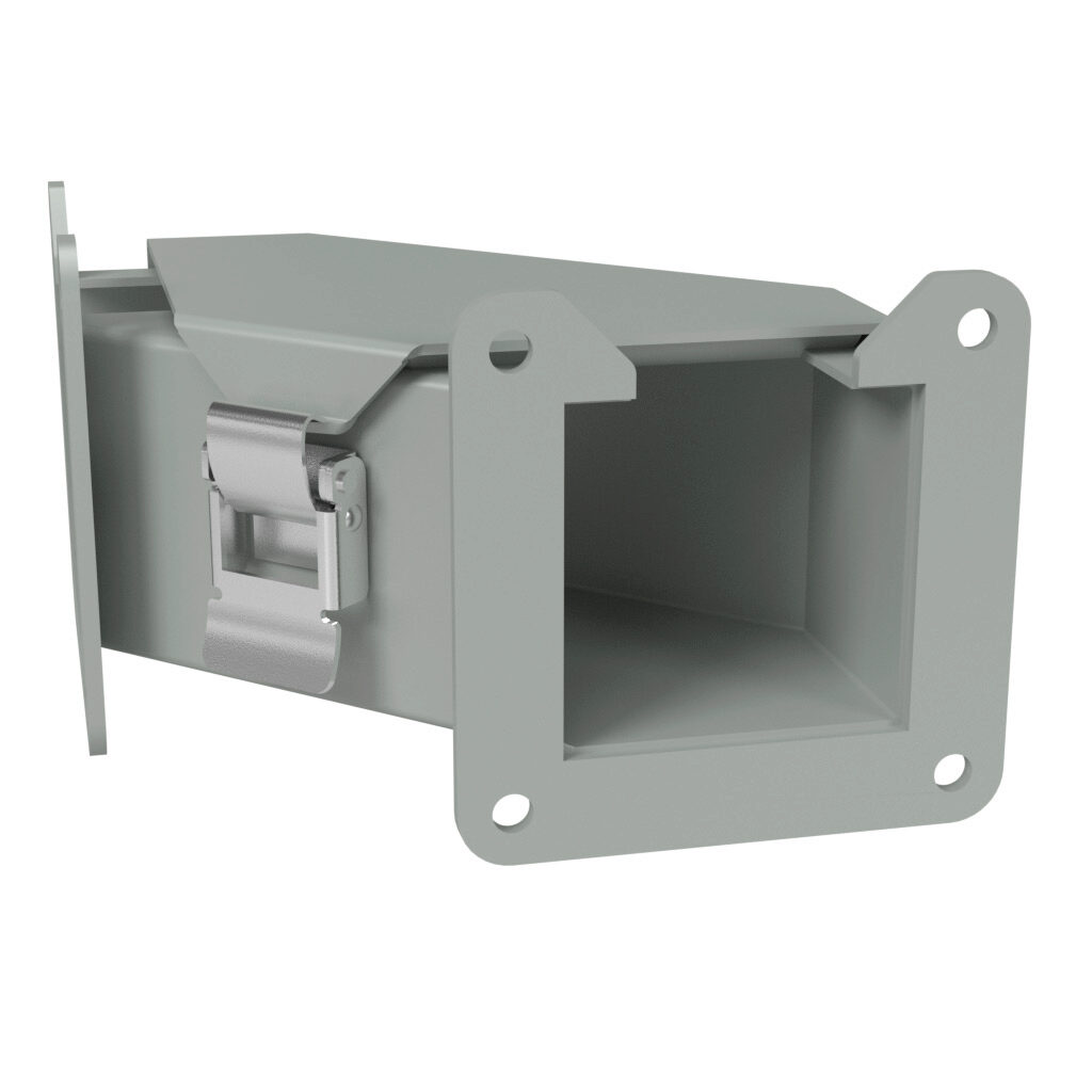 1485B9N - Hammond 1485 series lay-in wireway fitting, 90-degree elbow, 2.5 x 2.5in, top opening, carbon steel, ANSI 61 gray, powder coat finish, quick-release clamps, NEMA 12. For use with 1485 series wireway.