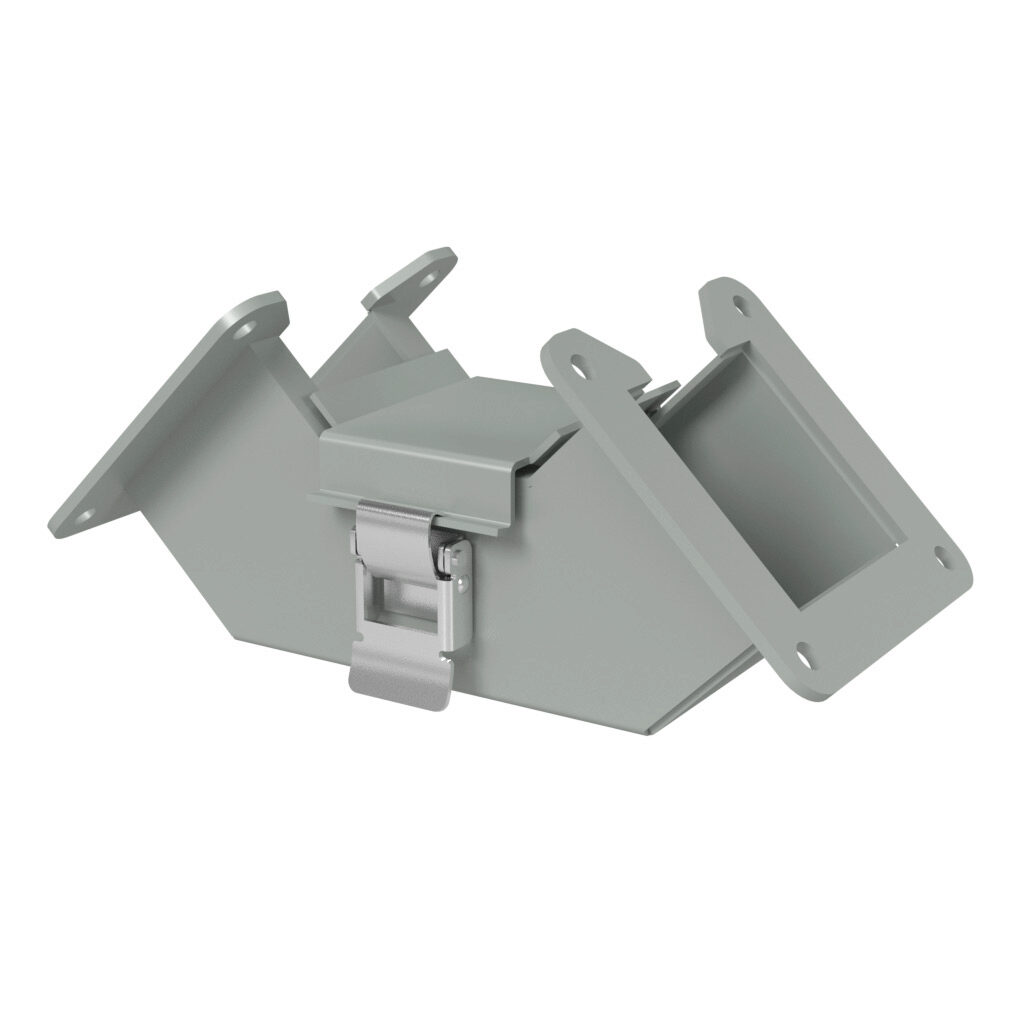 1485B9P - Hammond 1485 series lay-in wireway fitting, 90-degree elbow, 2.5 x 2.5in, inside opening, carbon steel, ANSI 61 gray, powder coat finish, quick-release clamps, NEMA 12. For use with 1485 series wireway.