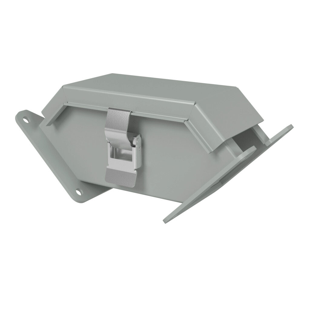 1485B9Q - Hammond 1485 series lay-in wireway fitting, 90-degree elbow, 2.5 x 2.5in, outside opening, carbon steel, ANSI 61 gray, powder coat finish, quick-release clamps, NEMA 12. For use with 1485 series wireway.