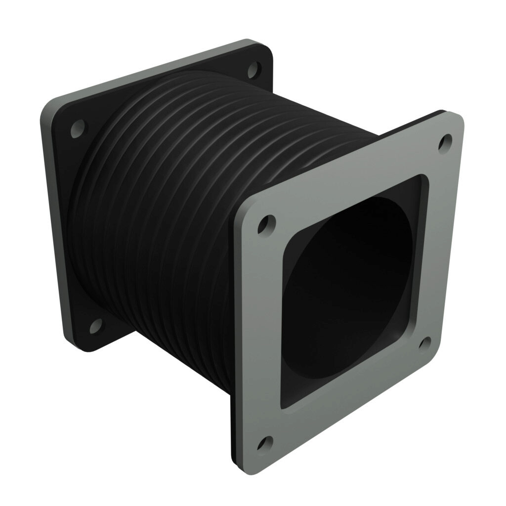 1485BFF - Hammond pull-through wireway fitting, flexible fitting, 2.5 x 2.5 x 3 to 10in, GortiflexTM bellows with carbon steel flanges, ANSI 61 gray, powder coat finish, NEMA 12. For use with 1485 and 1487 series wireway.