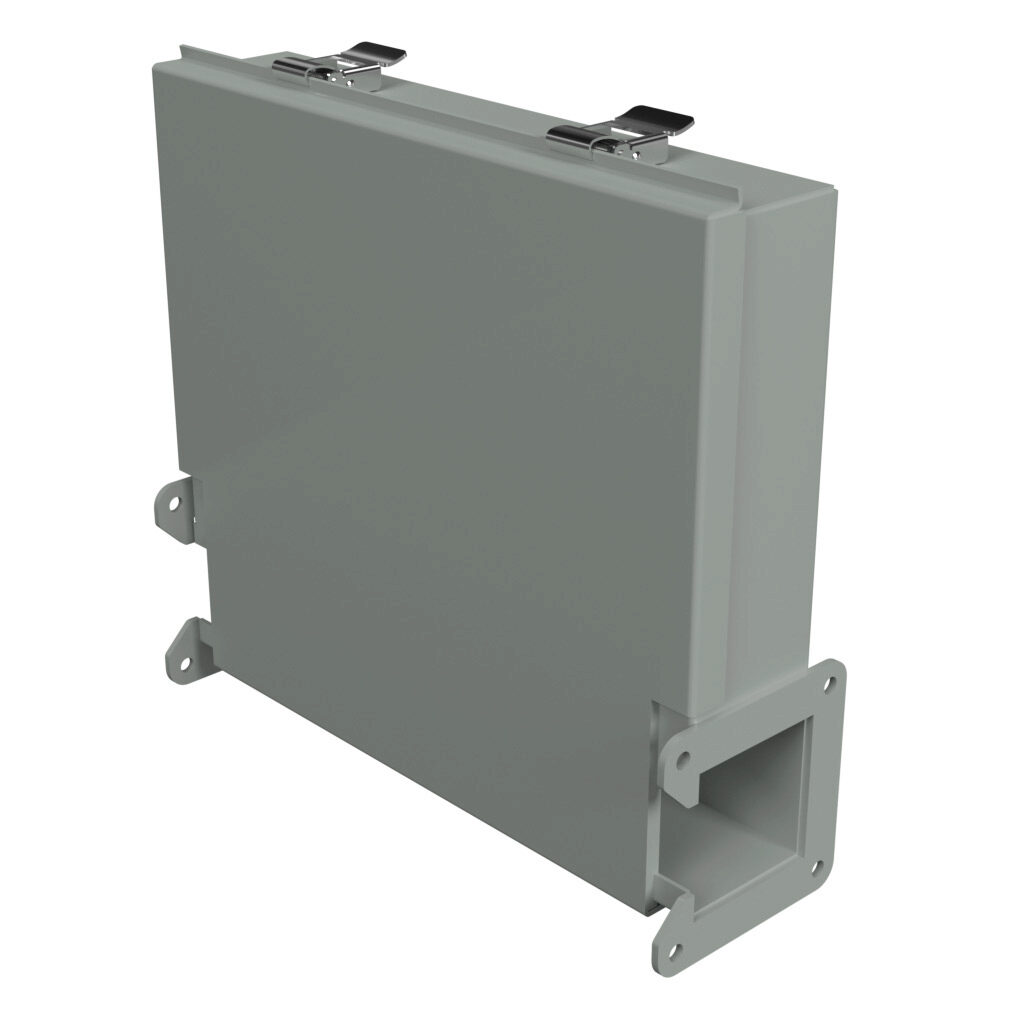 1485BJ - Hammond 1485 series lay-in wireway fitting, junction box, 12 x 10.25 x 2.5in, carbon steel, ANSI 61 gray, powder coat finish, quick-release clamps, NEMA 12. For use with 1485 series wireway.