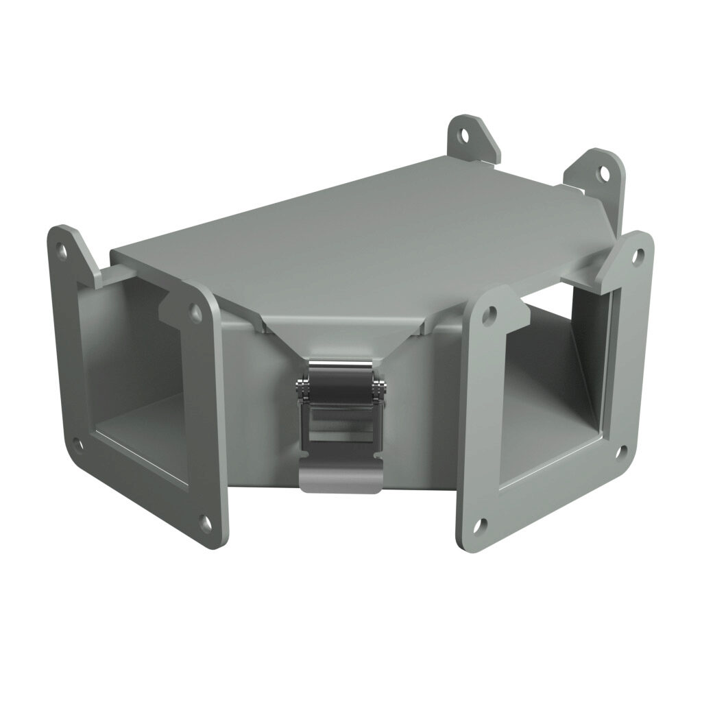 1485BTN - Hammond 1485 series lay-in wireway fitting, tee, 2.5 x 2.5in, top opening, carbon steel, ANSI 61 gray, powder coat finish, quick-release clamps, NEMA 12. For use with 1485 series wireway.