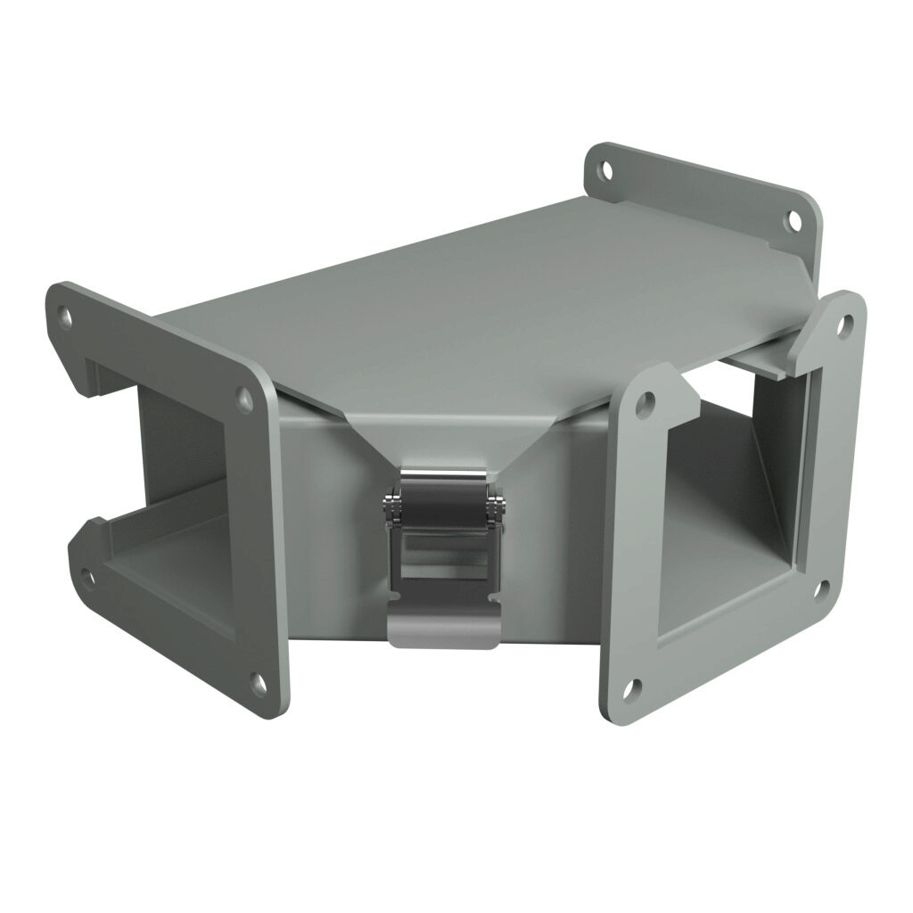 1485BTQ - Hammond 1485 series lay-in wireway fitting, tee, 2.5 x 2.5in, outside opening, carbon steel, ANSI 61 gray, powder coat finish, quick-release clamps, NEMA 12. For use with 1485 series wireway.