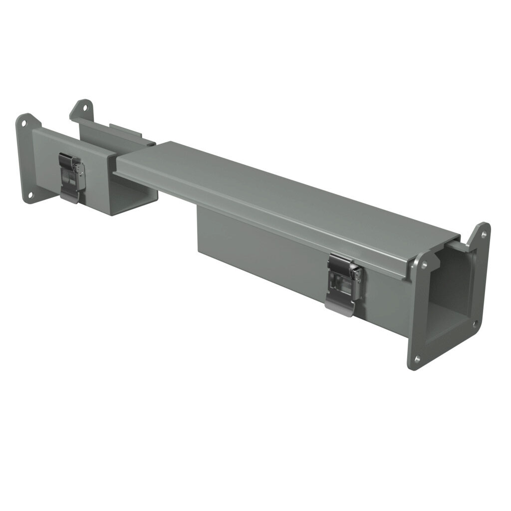 1485BW1 - Hammond 1485 series lay-in wireway fitting, cut-off fitting, 2.5 x 2.5 x 9 to 15in, carbon steel, ANSI 61 gray, powder coat finish, quick-release clamps, NEMA 12. For use with 1485 series wireway.