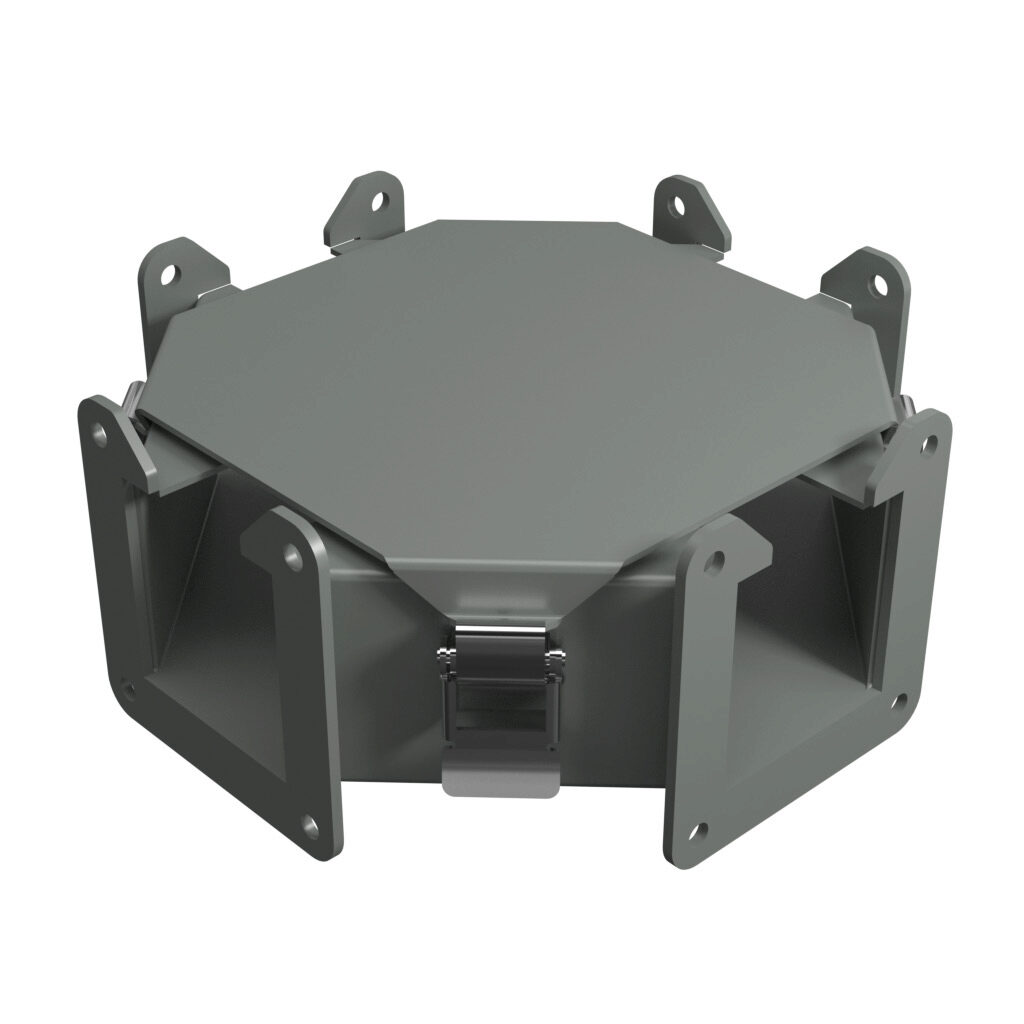 1485BY - Hammond 1485 series lay-in wireway fitting, cross fitting, 2.5 x 2.5in, carbon steel, ANSI 61 gray, powder coat finish, quick-release clamps, NEMA 12. For use with 1485 series wireway.