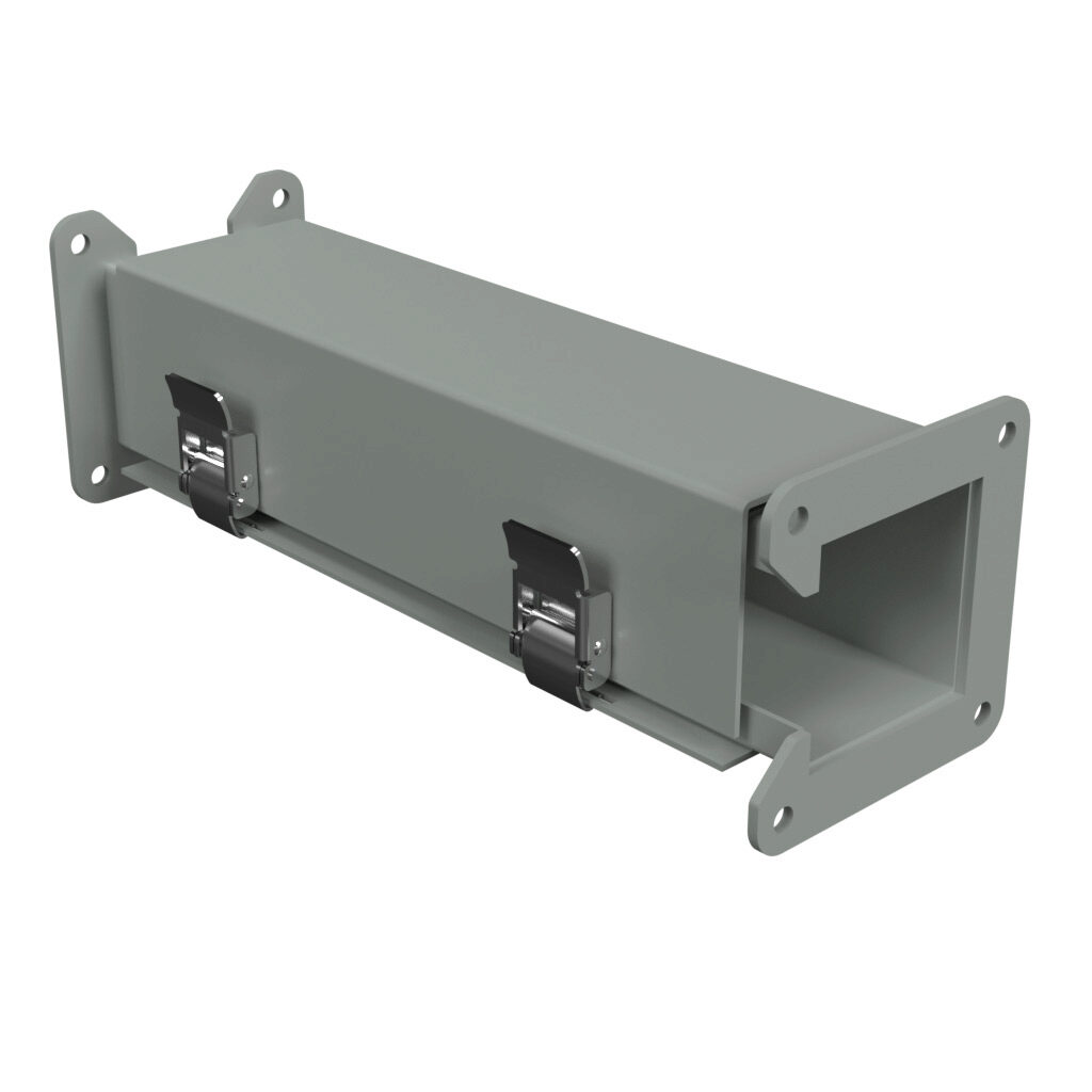 1485BZ12 - Hammond 1485 series lay-in wireway fitting, clockwise transposition, 2.5 x 2.5in, carbon steel, ANSI 61 gray, powder coat finish, quick-release clamps, NEMA 12. For use with 1485 series wireway.