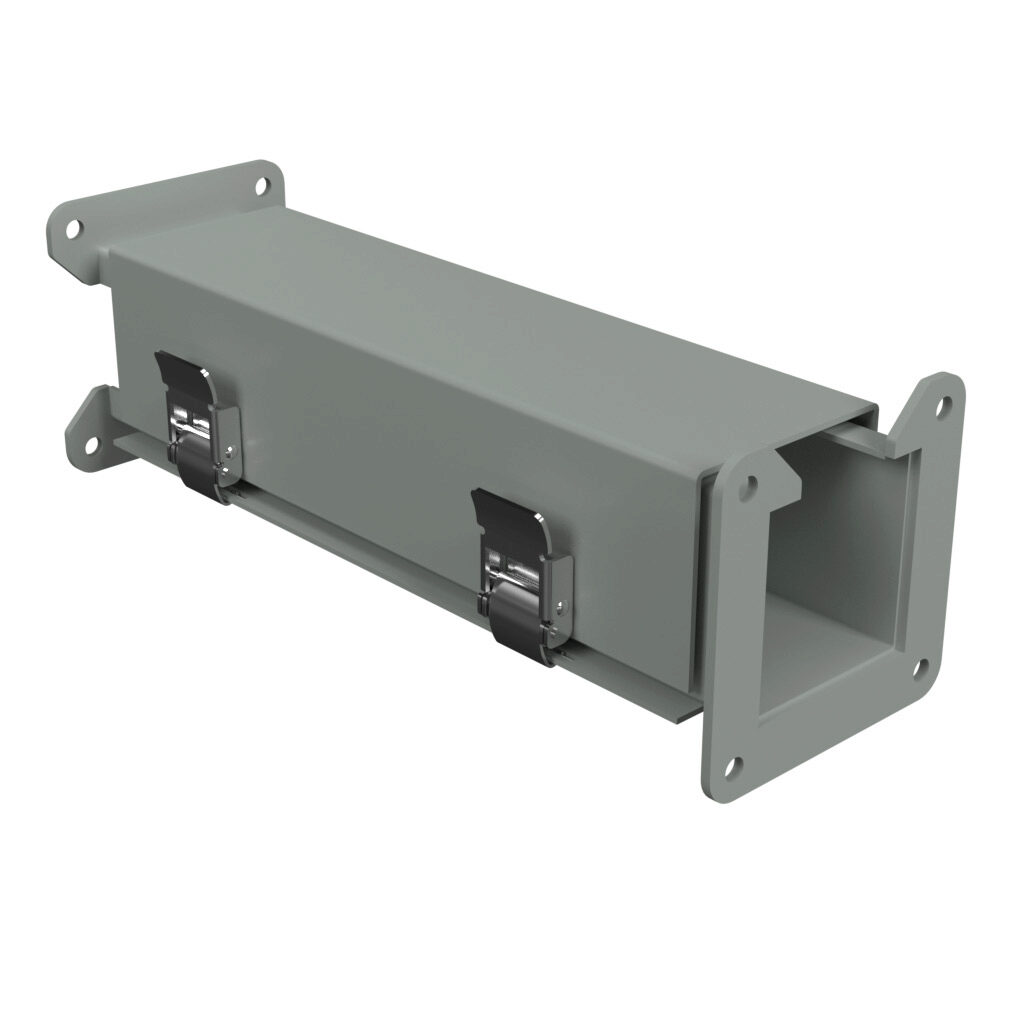 1485BZC12 - Hammond 1485 series lay-in wireway fitting, counter-clockwise transposition, 2.5 x 2.5in, carbon steel, ANSI 61 gray, powder coat finish, quick-release clamps, NEMA 12. For use with 1485 series wireway.