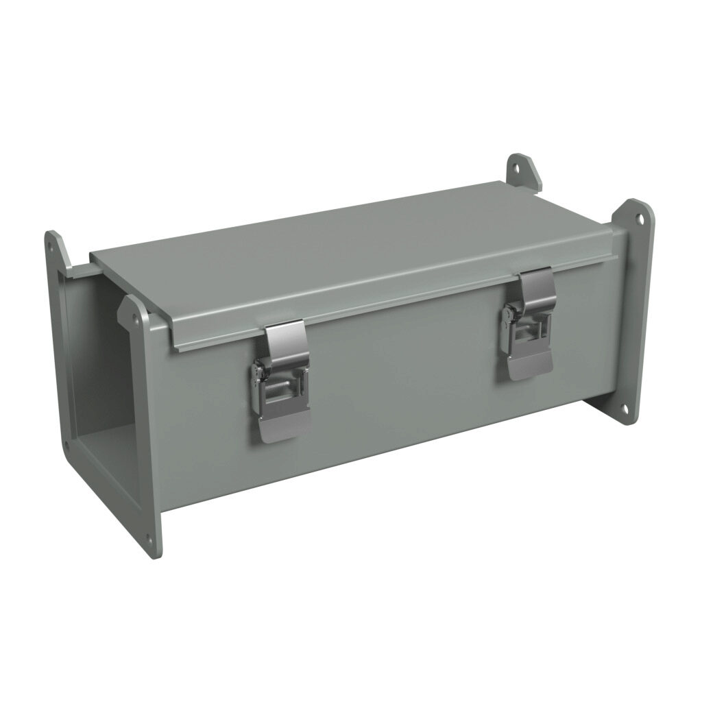 1485C12 - Hammond 1485 series lay-in wireway, 4 x 4 x 12in, carbon steel, ANSI 61 gray, powder coat finish, hinged cover, quick-release clamps, NEMA 12.