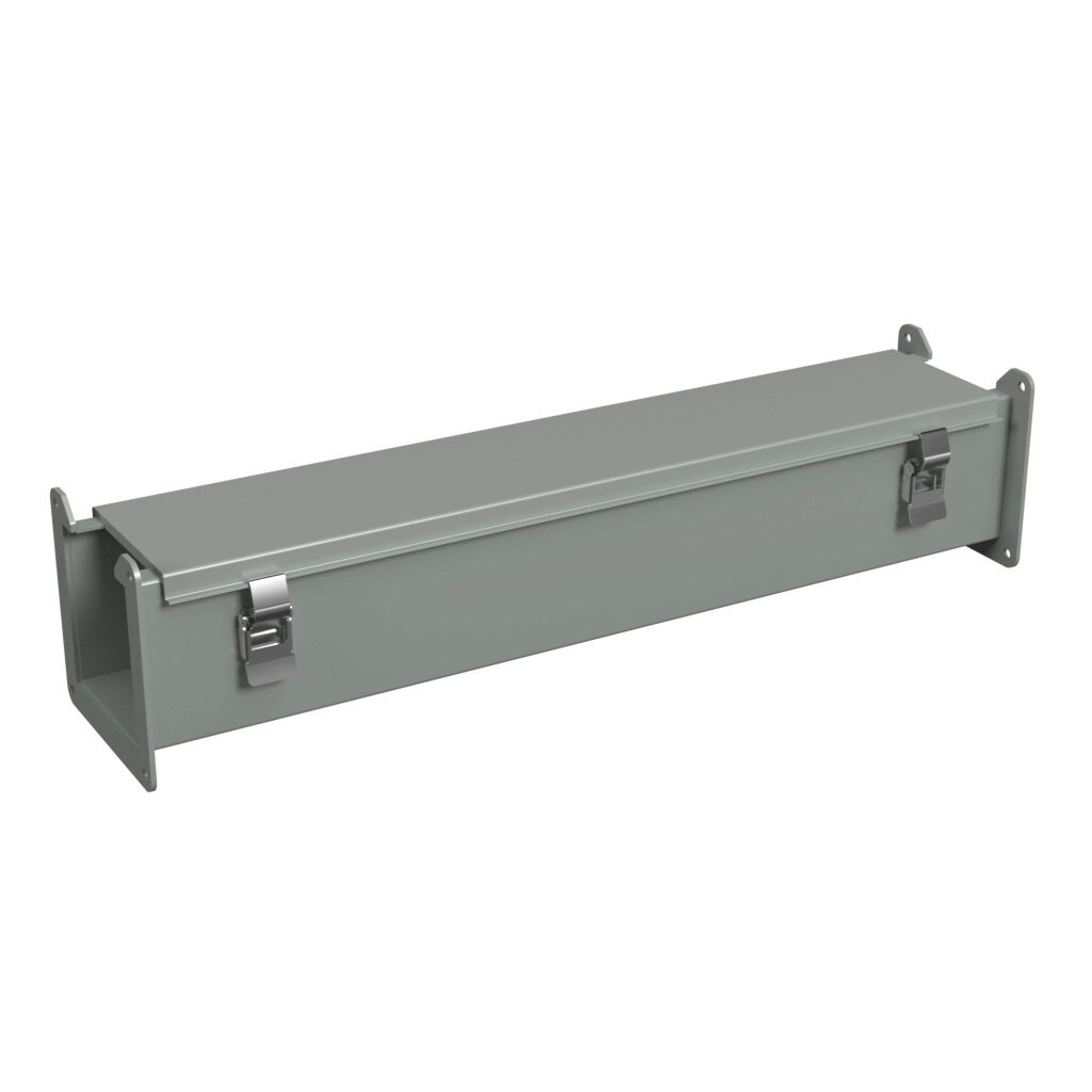 1485C24 - Hammond 1485 series lay-in wireway, 4 x 4 x 24in, carbon steel, ANSI 61 gray, powder coat finish, hinged cover, quick-release clamps, NEMA 12.