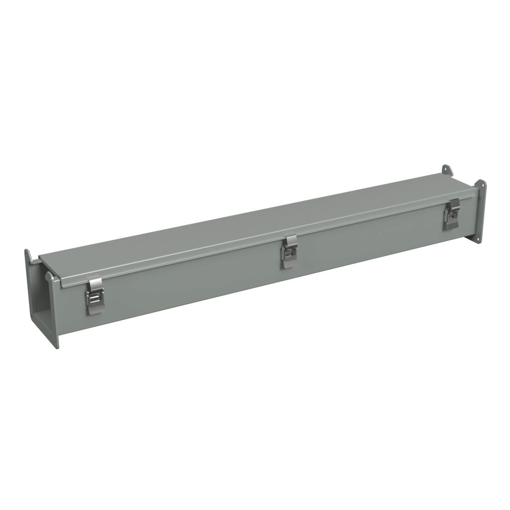 1485C36 - Hammond 1485 series lay-in wireway, 4 x 4 x 36in, carbon steel, ANSI 61 gray, powder coat finish, hinged cover, quick-release clamps, NEMA 12.