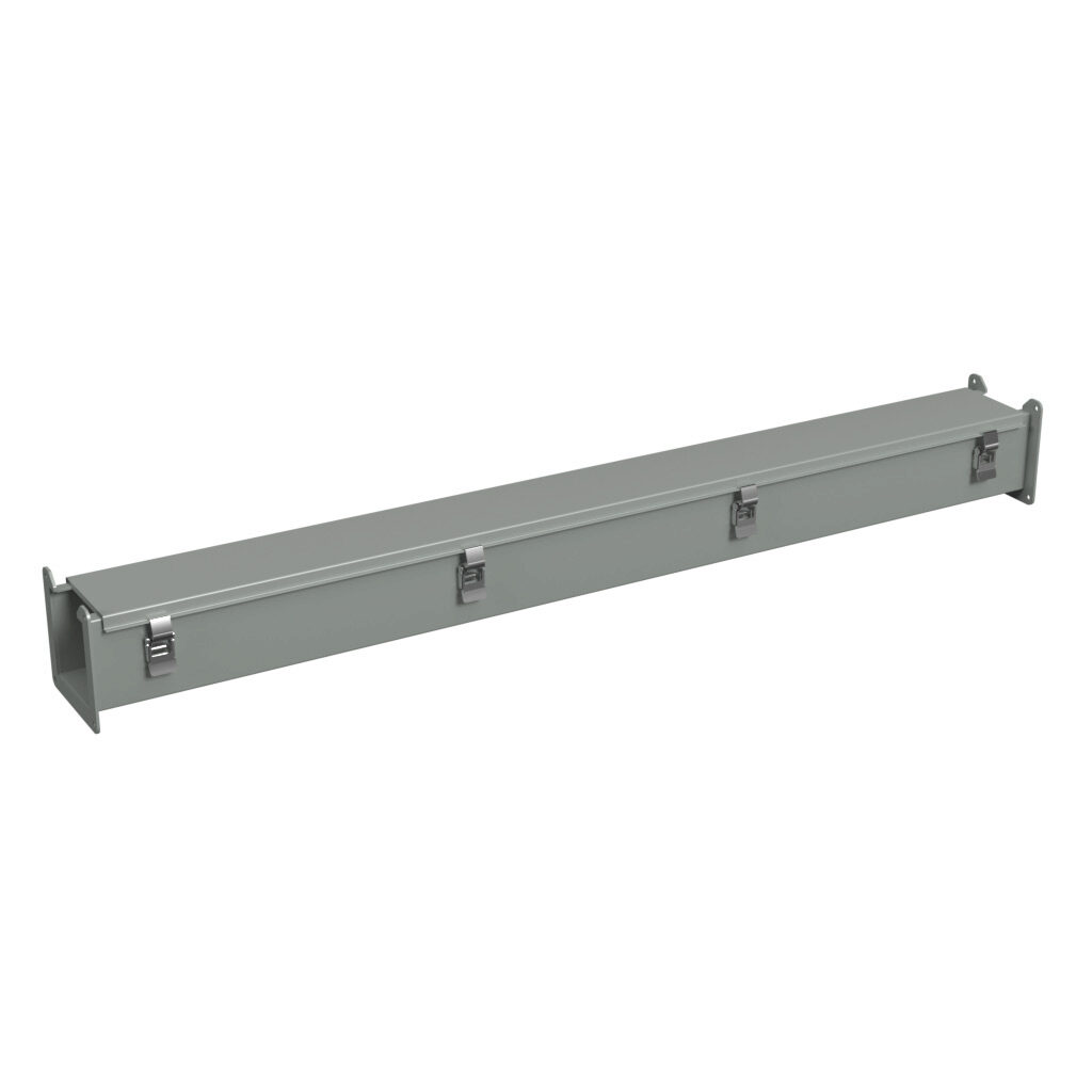 1485C48 - Hammond 1485 series lay-in wireway, 4 x 4 x 48in, carbon steel, ANSI 61 gray, powder coat finish, hinged cover, quick-release clamps, NEMA 12.