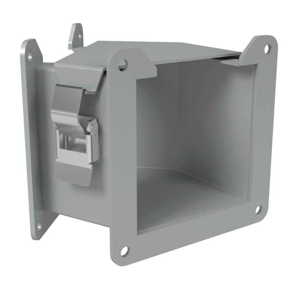 1485C4N - Hammond 1485 series lay-in wireway fitting, 45-degree elbow, 4 x 4in, top opening, carbon steel, ANSI 61 gray, powder coat finish, quick-release clamps, NEMA 12. For use with 1485 series wireway.