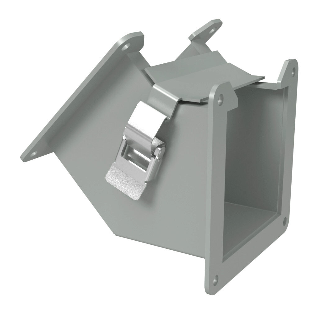 1485C4P - Hammond 1485 series lay-in wireway fitting, 45-degree elbow, 4 x 4in, inside opening, carbon steel, ANSI 61 gray, powder coat finish, quick-release clamps, NEMA 12. For use with 1485 series wireway.