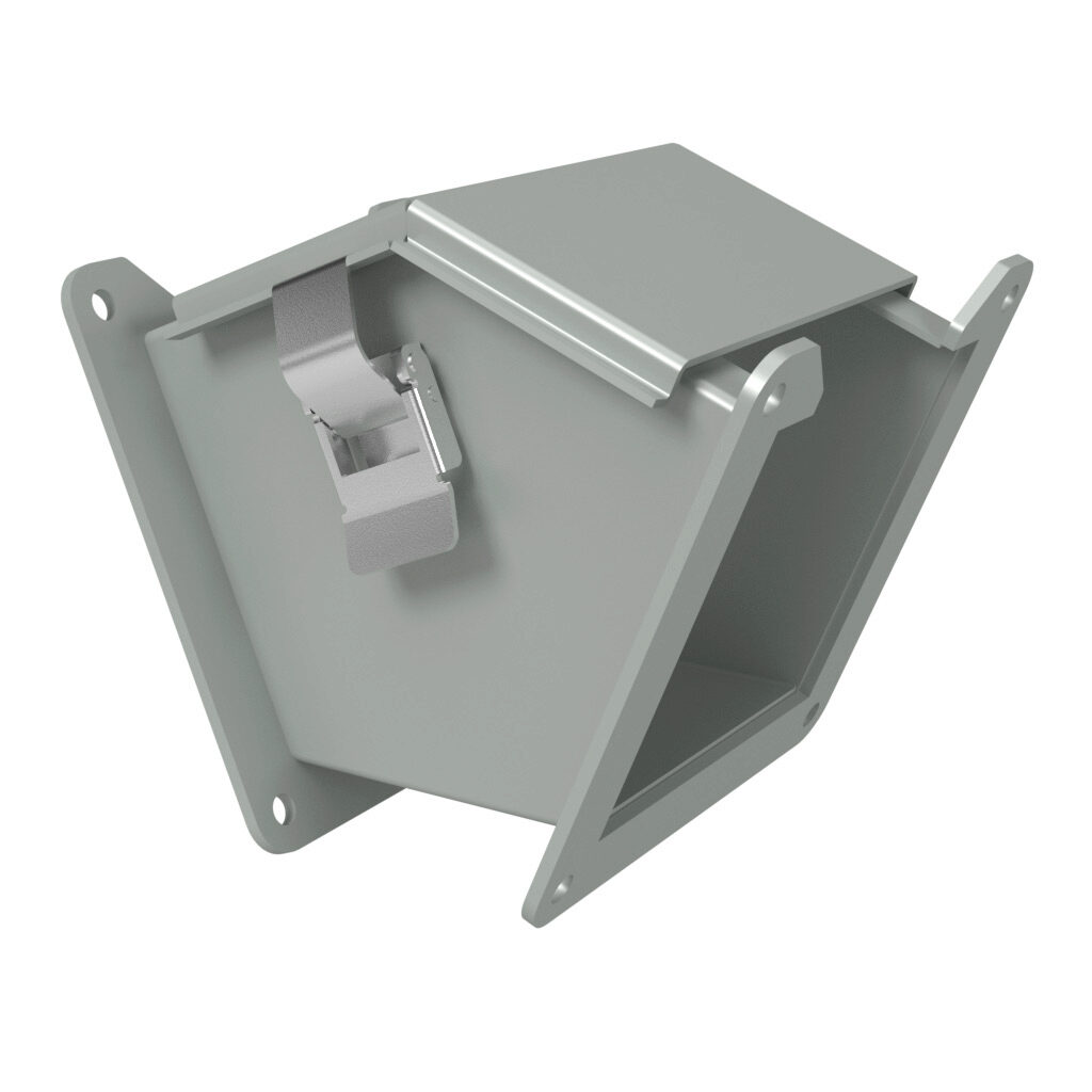 1485C4Q - Hammond 1485 series lay-in wireway fitting, 45-degree elbow, 4 x 4in, outside opening, carbon steel, ANSI 61 gray, powder coat finish, quick-release clamps, NEMA 12. For use with 1485 series wireway.