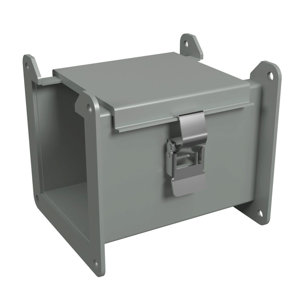 1485C6 - Hammond 1485 series lay-in wireway, 4 x 4 x 6in, carbon steel, ANSI 61 gray, powder coat finish, hinged cover, quick-release clamps, NEMA 12.