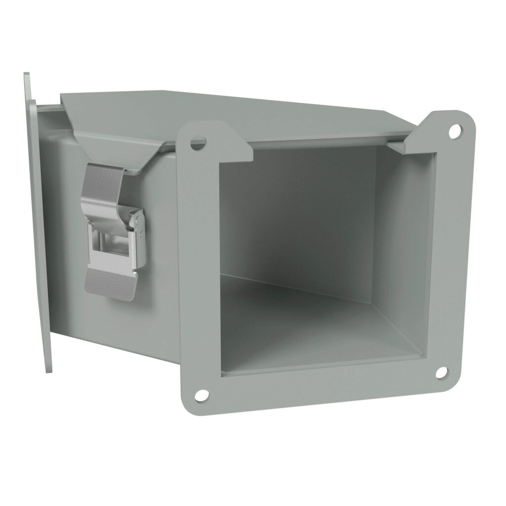 1485C9N - Hammond 1485 series lay-in wireway fitting, 90-degree elbow, 4 x 4in, top opening, carbon steel, ANSI 61 gray, powder coat finish, quick-release clamps, NEMA 12. For use with 1485 series wireway.