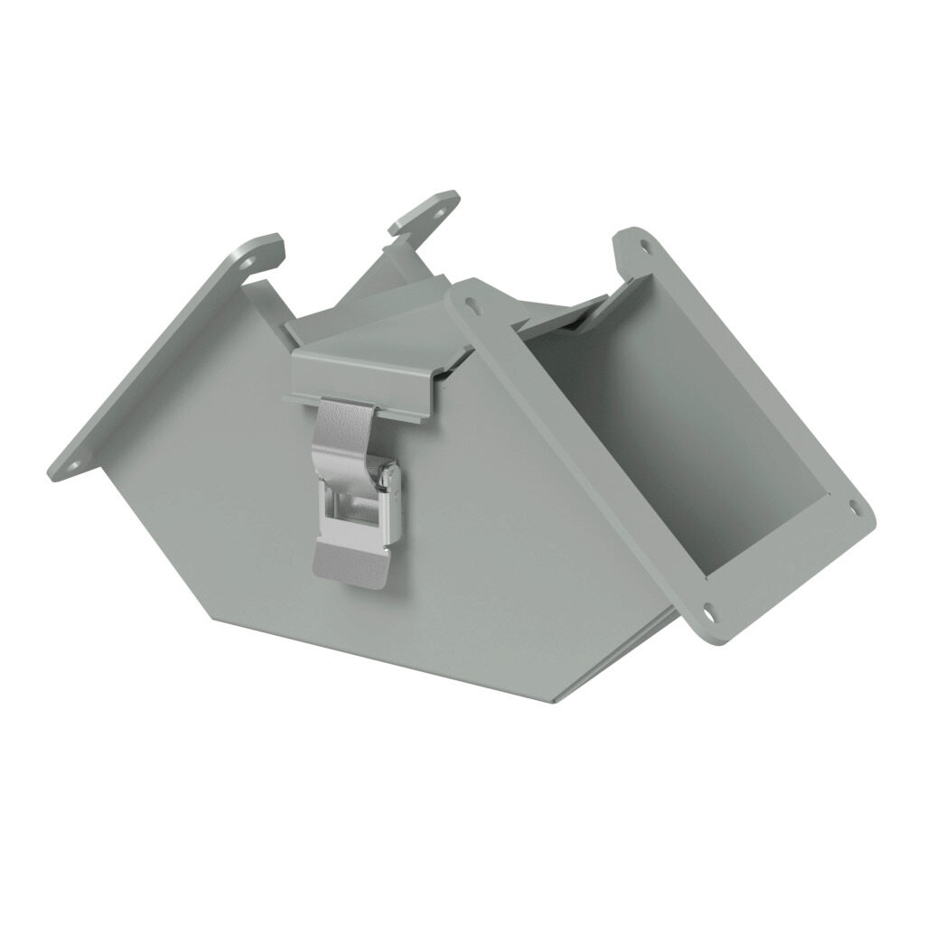 1485C9P - Hammond 1485 series lay-in wireway fitting, 90-degree elbow, 4 x 4in, inside opening, carbon steel, ANSI 61 gray, powder coat finish, quick-release clamps, NEMA 12. For use with 1485 series wireway.