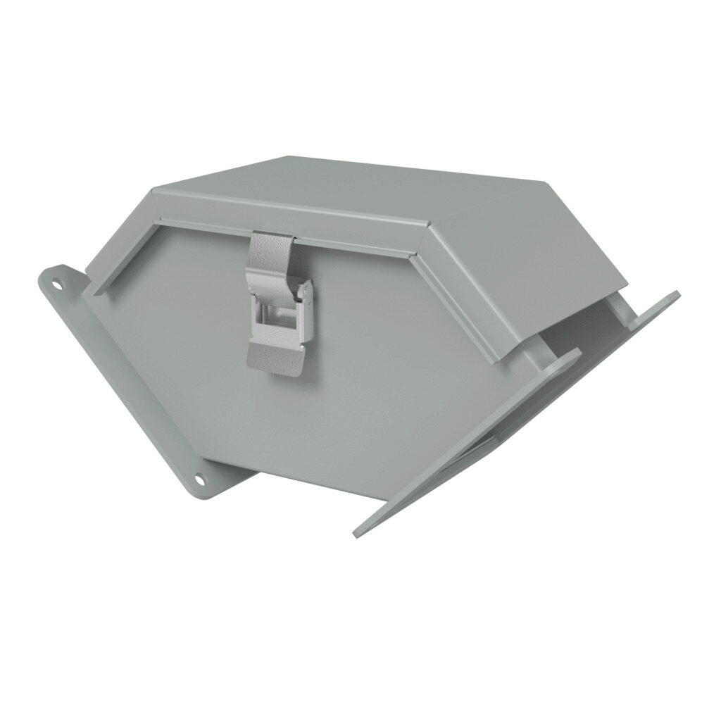 1485C9Q - Hammond 1485 series lay-in wireway fitting, 90-degree elbow, 4 x 4in, outside opening, carbon steel, ANSI 61 gray, powder coat finish, quick-release clamps, NEMA 12. For use with 1485 series wireway.