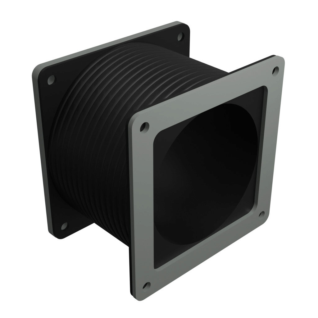 1485CFF - Hammond pull-through wireway fitting, flexible fitting, 4 x 4 x 3 to 10in, GortiflexTM bellows with carbon steel flanges, ANSI 61 gray, powder coat finish, NEMA 12. For use with 1485 and 1487 series wireway.