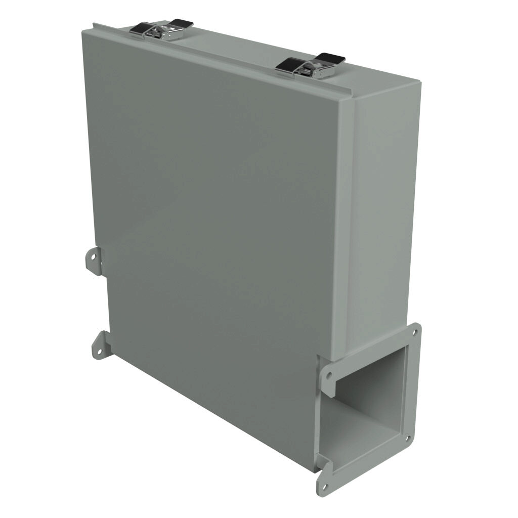 1485CJ - Hammond 1485 series lay-in wireway fitting, junction box, 14 x 13.87 x 4in, carbon steel, ANSI 61 gray, powder coat finish, quick-release clamps, NEMA 12. For use with 1485 series wireway.