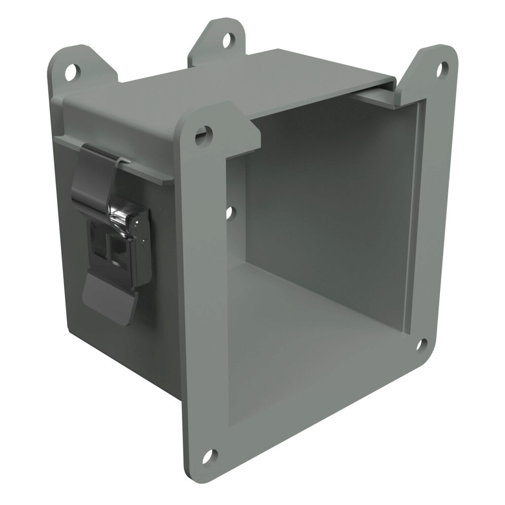 1485CRE - Hammond 1485 series lay-in wireway fitting, reducer, 4 x 4in to 2.5 x.2.5in, edge-aligned opening, carbon steel, ANSI 61 gray, powder coat finish, quick-release clamps, NEMA 12. For use with 1485 series wireway.