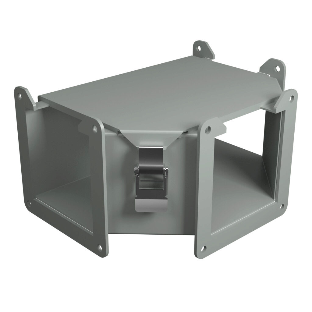 1485CTN - Hammond 1485 series lay-in wireway fitting, tee, 4 x 4in, top opening, carbon steel, ANSI 61 gray, powder coat finish, quick-release clamps, NEMA 12. For use with 1485 series wireway.