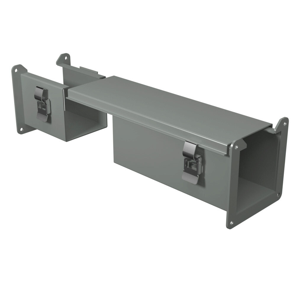 1485CW1 - Hammond 1485 series lay-in wireway fitting, cut-off fitting, 4 x 4 x 9 to 15in, carbon steel, ANSI 61 gray, powder coat finish, quick-release clamps, NEMA 12. For use with 1485 series wireway.