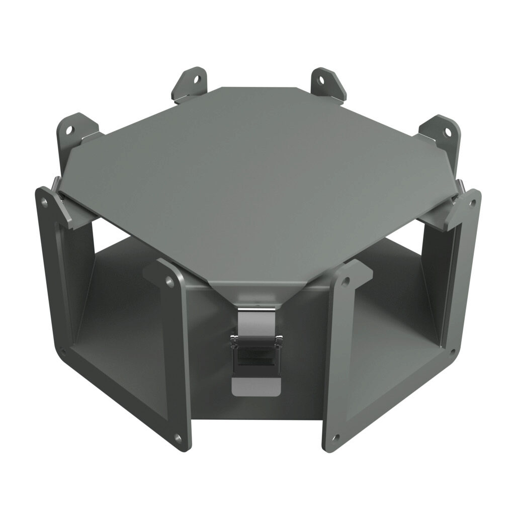 1485CY - Hammond 1485 series lay-in wireway fitting, cross fitting, 4 x 4in, carbon steel, ANSI 61 gray, powder coat finish, quick-release clamps, NEMA 12. For use with 1485 series wireway.
