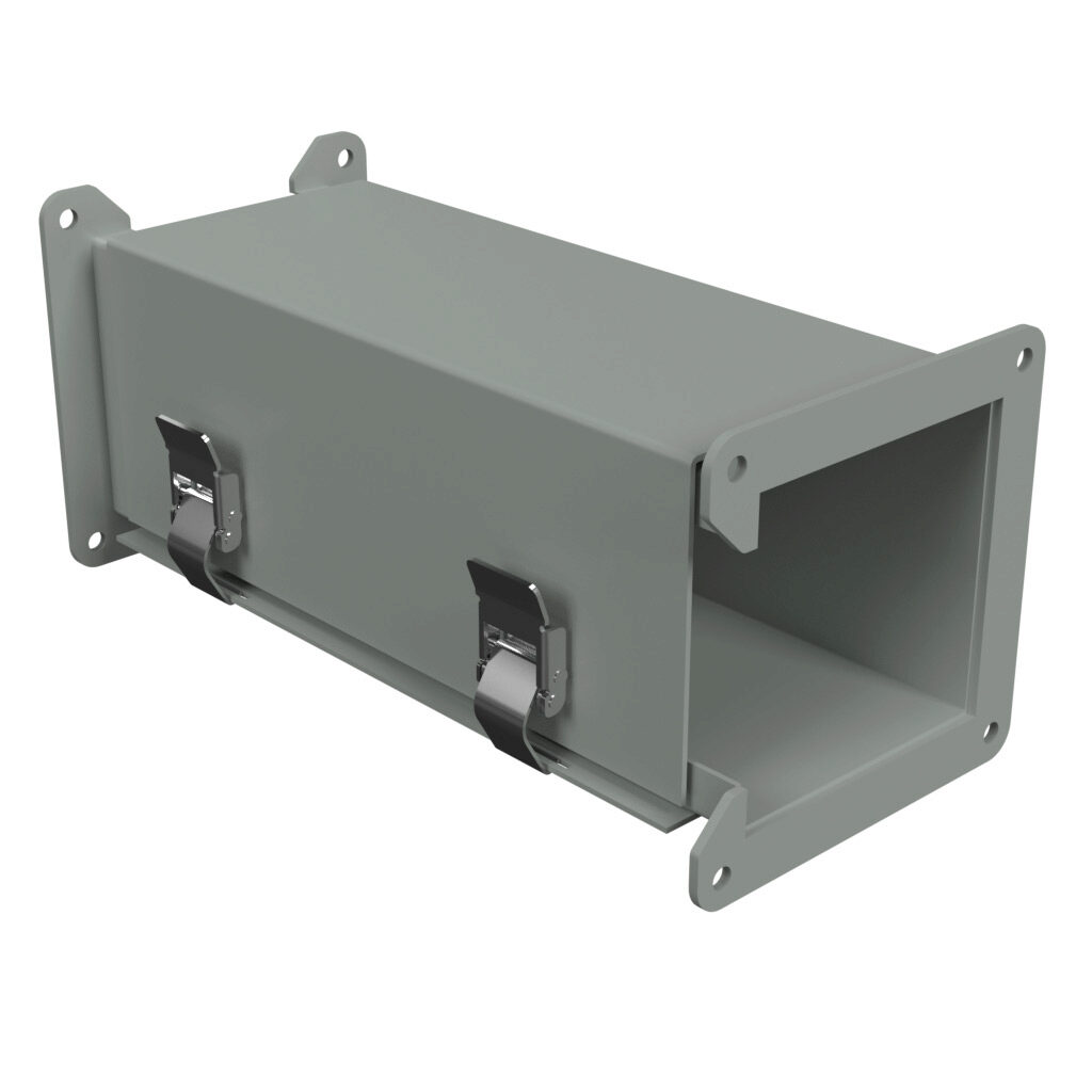 1485CZ12 - Hammond 1485 series lay-in wireway fitting, clockwise transposition, 4 x 4in, carbon steel, ANSI 61 gray, powder coat finish, quick-release clamps, NEMA 12. For use with 1485 series wireway.