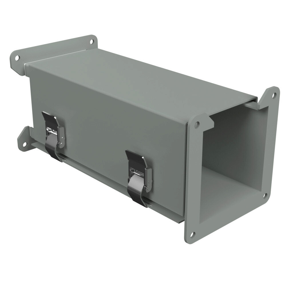 1485CZC12 - Hammond 1485 series lay-in wireway fitting, counter-clockwise transposition, 4 x 4in, carbon steel, ANSI 61 gray, powder coat finish, quick-release clamps, NEMA 12. For use with 1485 series wireway.
